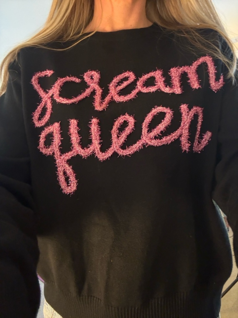 Queen of Sparkles Scream Queen Tinsel and Sequined Sweater Size S Fits XS to M